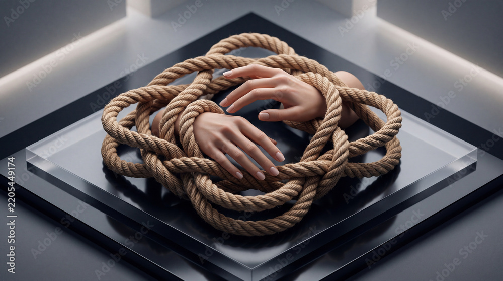 Obraz premium Artistic conceptual composition of two female hands entwined within a thick knotted natural rope on a glossy black pedestal and glass plate, representing themes of restriction and connection.