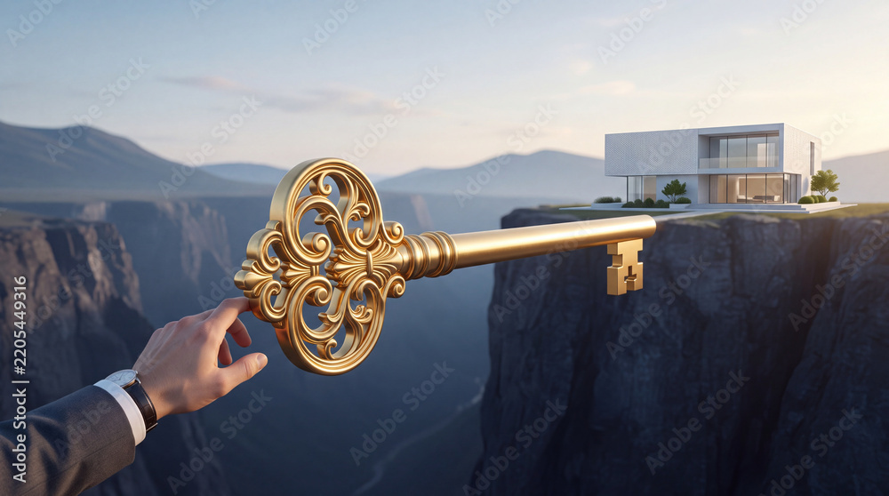 Obraz premium Concept of home ownership and success metaphor showing a businessman's hand reaching for a large ornate golden key bridging a deep mountain canyon towards a luxury modern house at sunset.