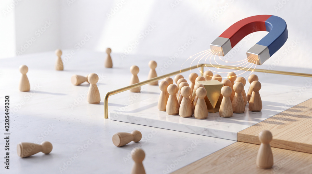 Obraz premium Large Horseshoe Magnet Attracting Small Wooden Figures Towards a Golden Block on White Marble Surface, Representing Customer Acquisition, Business Marketing, Lead Generation and Leadership Success