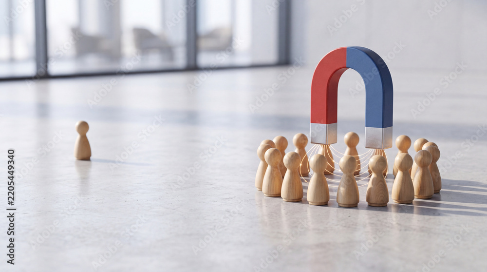 Obraz premium Concept of Lead Generation and Customer Attraction with a Large Horseshoe Magnet Drawing in a Group of Wooden People Figures in a Minimalist Bright Modern Office Setting with One Person Apart