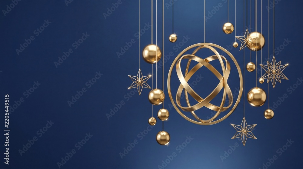Obraz premium Elegant Golden Christmas Ornaments with Stars and Spheres Hanging on a Dark Blue Background, Minimalist Festive Holiday 3D Illustration with Copy Space for Text and New Year Greeting Card