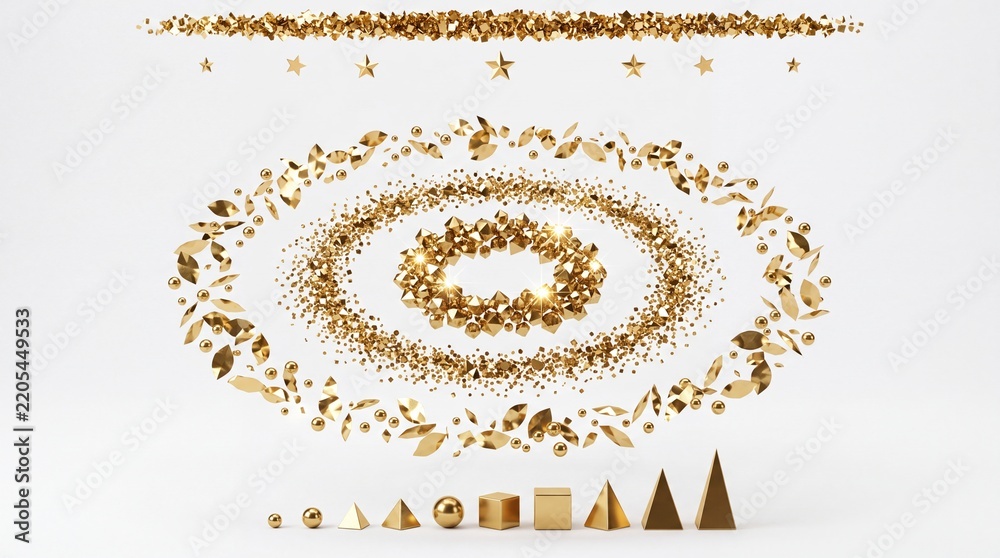 Obraz premium Abstract Collection of Golden 3D Geometric Shapes and Floating Particles Arranged in Circular Patterns and Orbits on White Background for Elegant Design and Luxury Festive Branding
