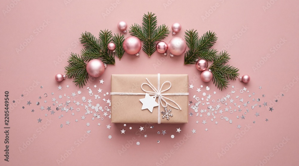 Obraz premium Festive Christmas flat lay with a brown paper gift box, pink ornaments, and green pine branches on a pink background with silver star confetti, perfect for holiday greetings and winter celebrations.