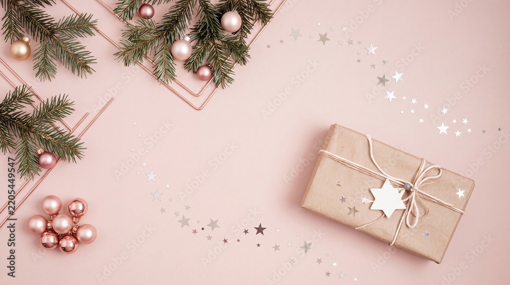 Obraz premium Minimalist Christmas Flat Lay with Kraft Paper Gift Box, Pine Branches, Pink Baubles, and Silver Glitter Stars on Pastel Pink Background - Festive Holiday Celebration and Winter Concept