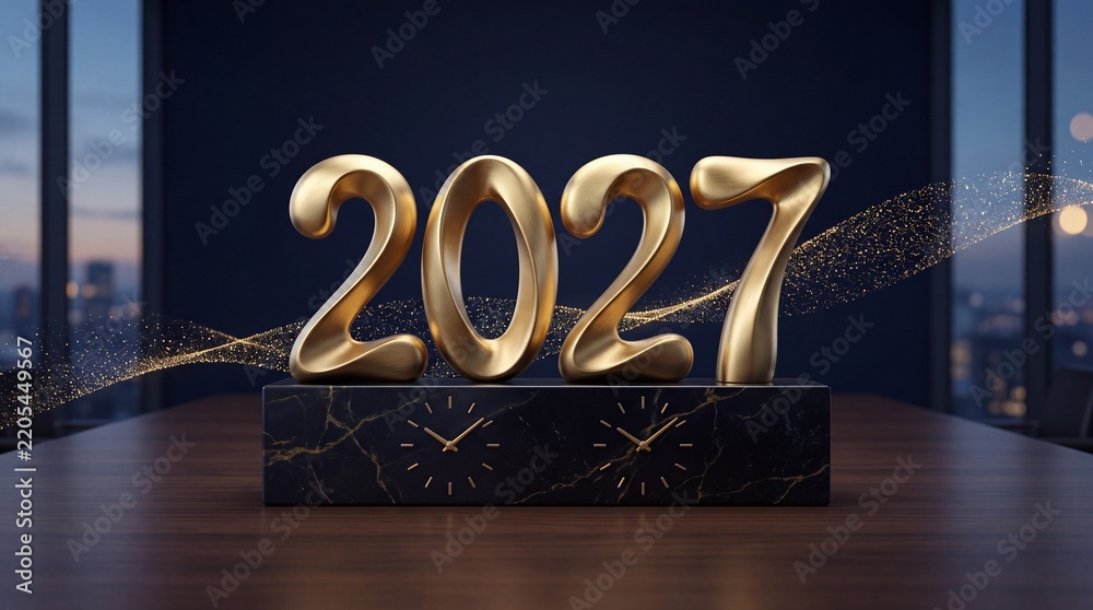 Obraz premium 2027 Golden Three Dimensional Numbers on Black Marble Base with Analog Clocks against Blurred City Skyline at Dusk, Concept for Future Planning, Success, New Year Celebration and Business Goals