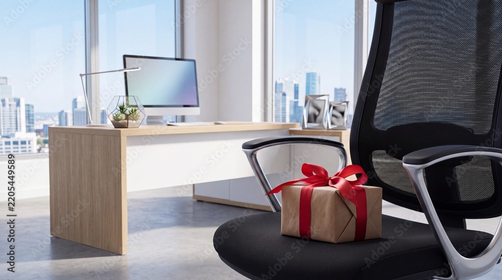 Obraz premium Small Brown Paper Gift Box Wrapped with Red Satin Ribbon Placed on a Black Ergonomic Office Chair in a Bright Modern Workspace with a Large Window View of City Skyscrapers at Daytime