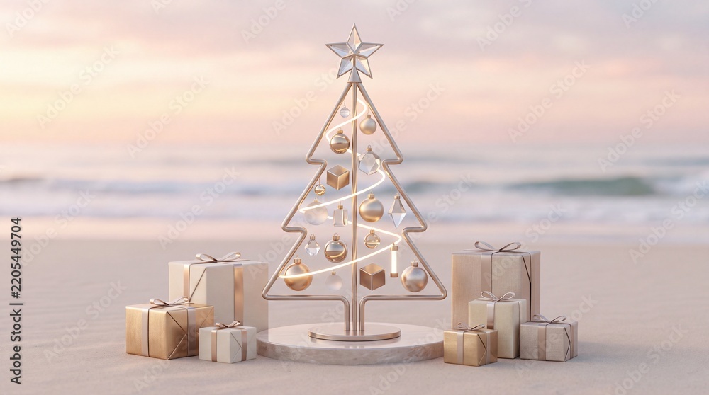 Obraz premium Minimalist gold metal Christmas tree on a sandy beach at sunset with luxury gift boxes and ornaments, celebrating a tropical winter holiday and festive season in a serene coastal landscape.