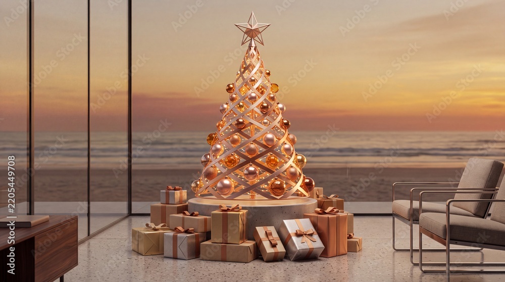 Obraz premium Elegant Modern Christmas Tree with Golden Ornaments and Gift Boxes in a Luxury Villa Overlooking the Tropical Beach at Sunset, Festive Holiday Concept in a Minimalist Interior