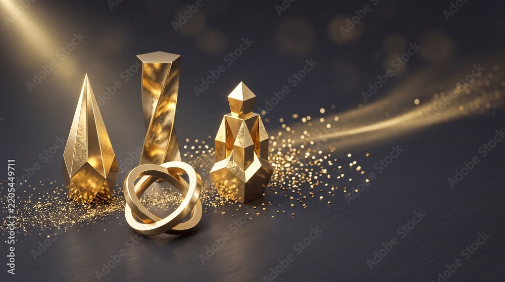 Obraz premium Abstract Golden Geometric Sculptures and Interlocking Rings on Dark Textured Background with Elegant Light Flare and Scattered Gold Dust, Luxury Artistic Concept for Awards and Modern Design