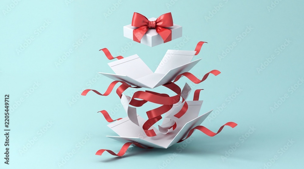 Obraz premium Exploded white gift box with red ribbon and bow floating on light blue background, concept of surprise, unboxing, holiday celebration, and special offer for shopping or marketing advertisement.