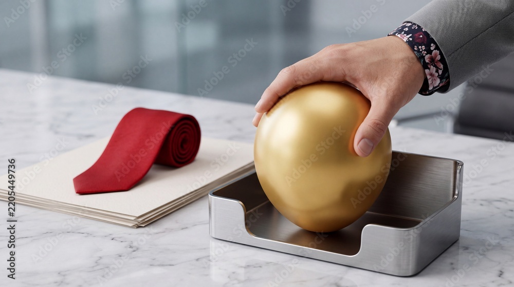 Obraz premium Businessman Hand Holding a Large Golden Sphere on a Marble Desk in a Modern Office Setting, Symbolizing Financial Success, Corporate Wealth, Global Investment, and Future Business Vision.