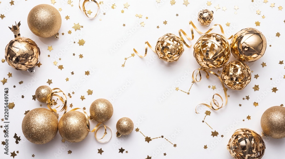 Obraz premium Elegant Golden Christmas Ornaments with Baubles, Stars, and Ribbons on White Background with Copy Space for Festive Holiday Greeting Cards, New Year Party Invitations, and Luxury Celebrations