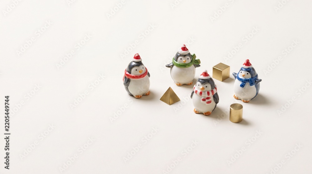 Fototapeta premium Minimalist Festive Composition with Small Ceramic Penguin Figurines Wearing Santa Hats and Colorful Scarves Arranged on a Neutral Cream Background with Decorative Gold Geometric Shapes for Christmas
