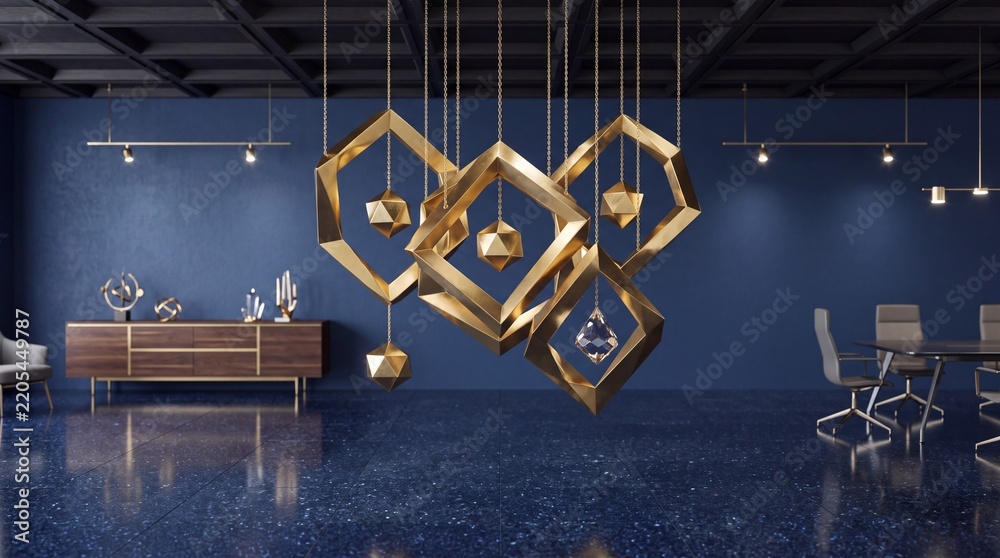 Obraz premium Modern luxury interior design featuring hanging gold geometric sculptures, elegant dark blue walls, polished terrazzo floor, and minimalist office furniture in a spacious atmospheric corporate room