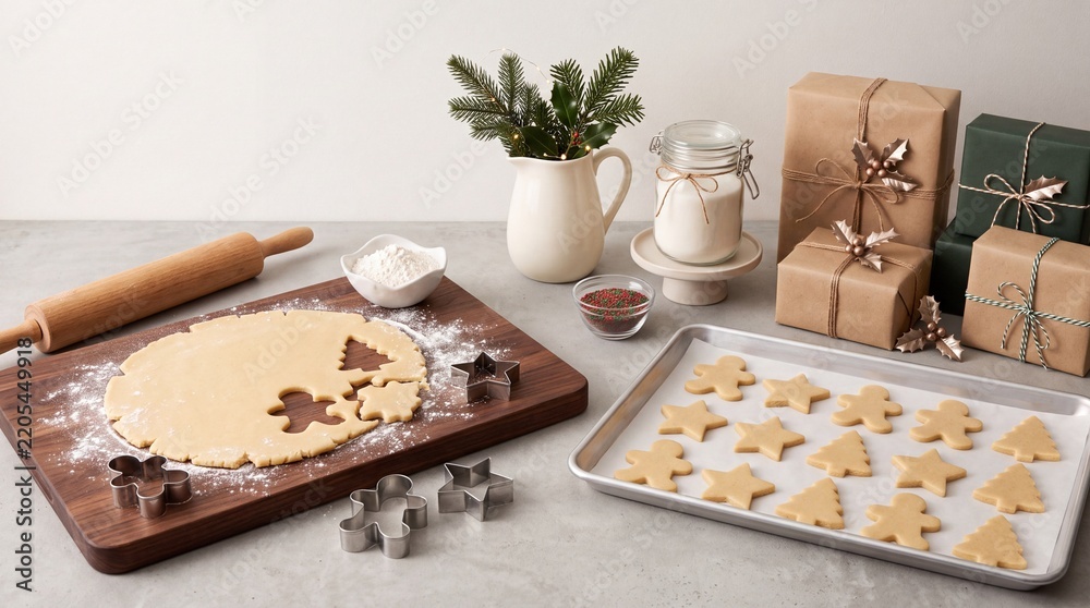 Obraz premium Festive holiday baking scene with raw gingerbread dough, metal cookie cutters, and Christmas treats on a baking sheet, surrounded by wrapped gifts and evergreen branches in a cozy kitchen setting.
