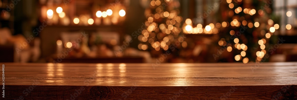Obraz premium Empty wooden table surface is in front with a blurred Christmas decorated living room behind it. Warm lights create a festive atmosphere.