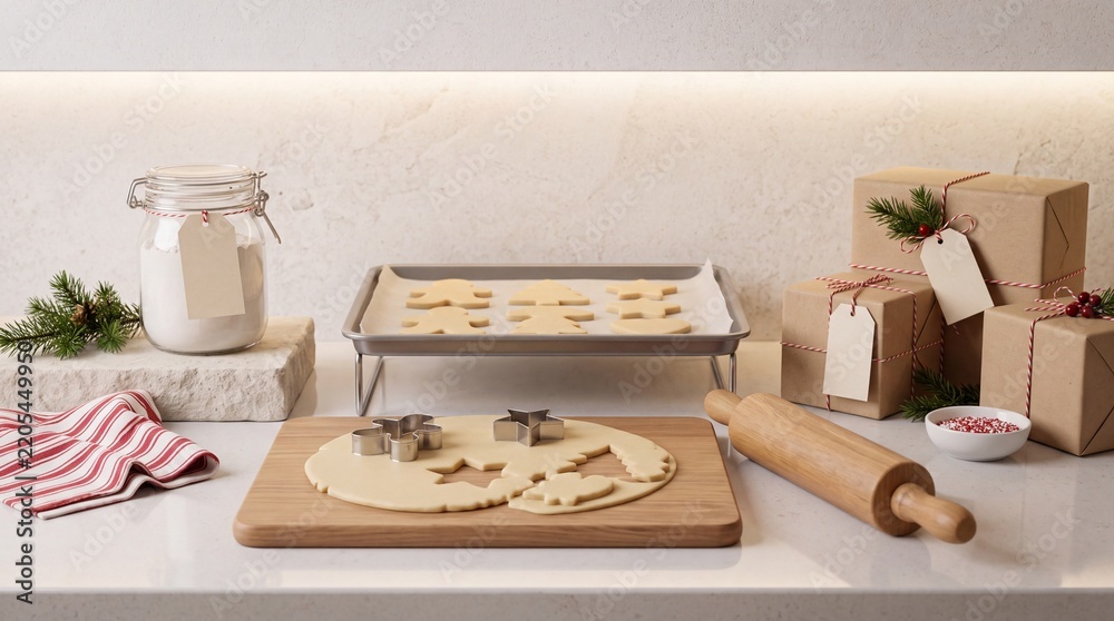 Obraz premium Holiday Christmas Baking Preparation with Raw Gingerbread Cookie Dough, Wooden Rolling Pin, Cookie Cutters, Flour Jar, and Wrapped Gift Boxes on White Kitchen Countertop Background