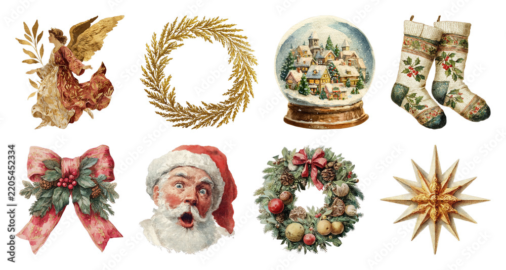 Obraz premium PNG Vintage Christmas festive decorations illustration, element set on transparent background