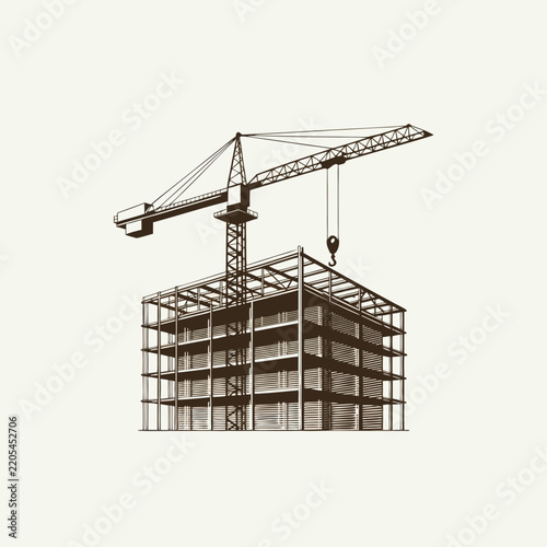 Vintage Engraving Construction Crane and Building Frame Illustration