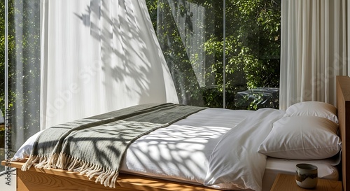 Minimalist bedroom interior with sunlight through curtains and lush green garden view