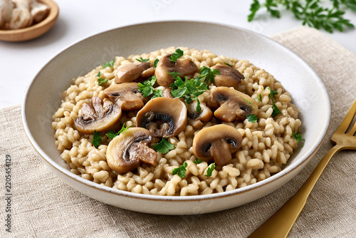 Mushroom risoto in dish on the table