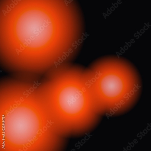 Red glowing bokeh circles on a dark background. Abstract light spots and warm illumination effects. Blurred neon spheres. Digital art backdrop for creative design and ambient moods
