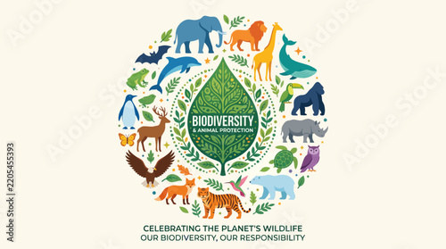 Biodiversity and animal protection concept with wildlife icons
