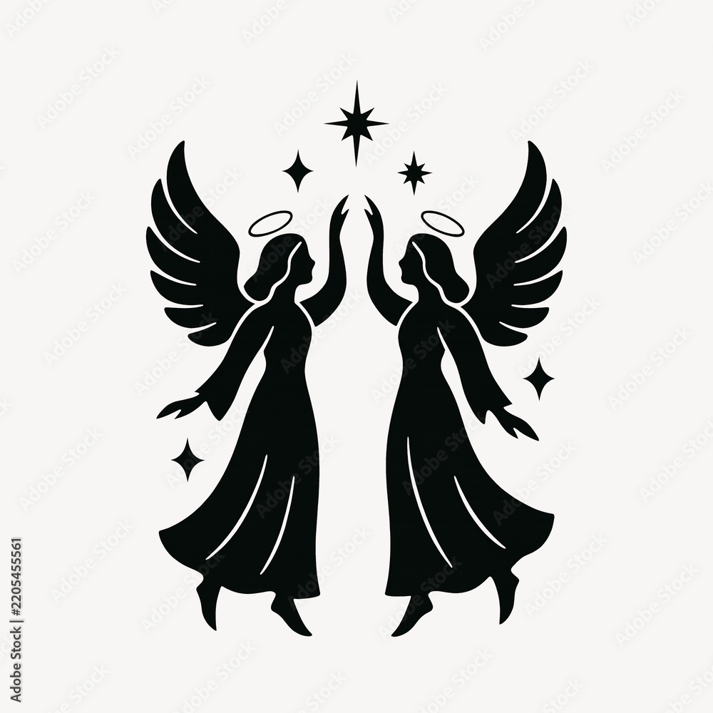 Fototapeta premium Silhouetted angels reaching stars.