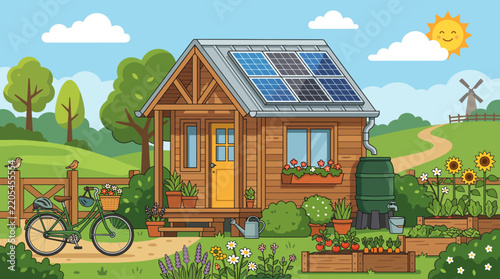 Eco friendly tiny house with solar panels and garden