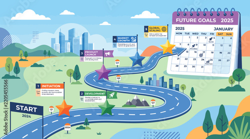 Business roadmap winding toward 2025 calendar and milestones