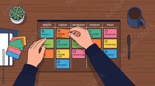 Hands planning business tasks on a weekly calendar board