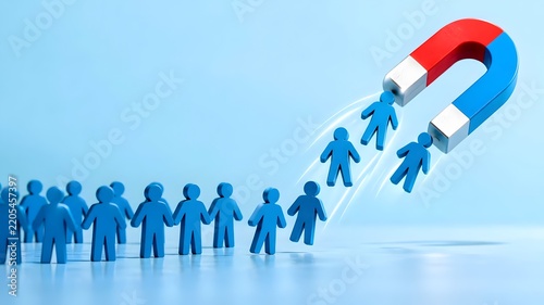 3D illustration of a large magnet attracting blue human figures representing customer acquisition and lead generation strategy