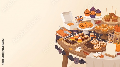 Halloween Bake Sale with Festive Cookies Cupcakes and Seasonal Treats and Copy Space