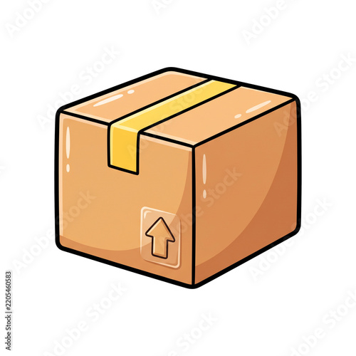 Carton Box Illustration: A simple cartoon illustration of a brown cardboard box, sealed with yellow tape and marked with an up arrow symbol, ready for shipping.
