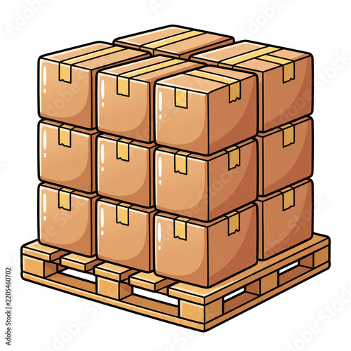 Stacked Cardboard Boxes on Wooden Pallet: A neatly arranged stack of cardboard boxes secured with tape sits on a wooden pallet, ready for shipping and logistics operations.
