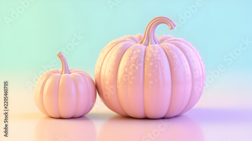 Minimalist pastel pink pumpkins decoration on soft iridescent pastel background with copy space