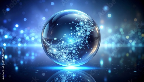 Transparent sphere glowing with blue light on dark background.