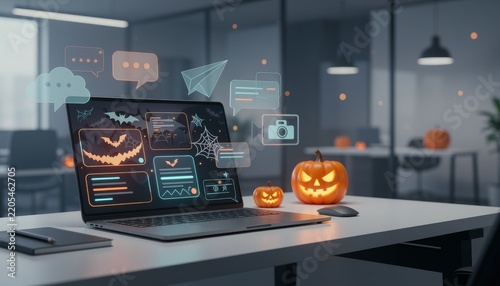 Halloween themed laptop on desk with pumpkins in modern office.