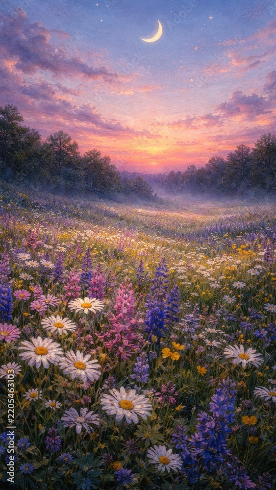 Obraz premium Serene floral landscape at dusk mobile wallpaper