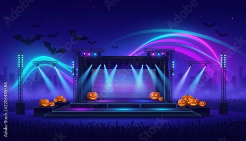Illuminated stage with colorful lights and pumpkins for Halloween.