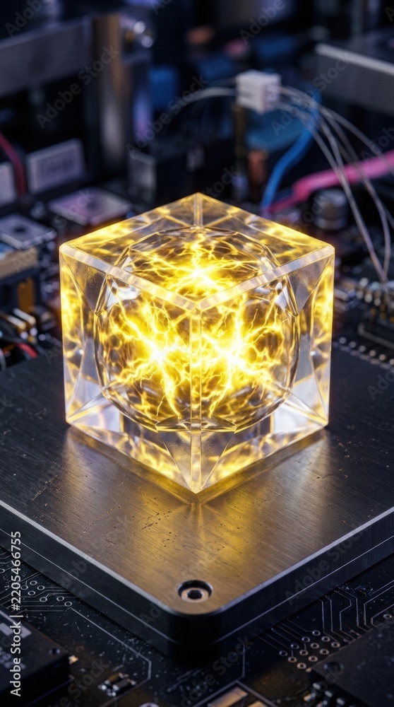 Fototapeta premium Futuristic glowing cube light display on circuit board for tech marketing and innovation concepts
