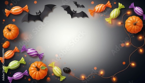 Halloween candy bats pumpkins lights spooky decorations.