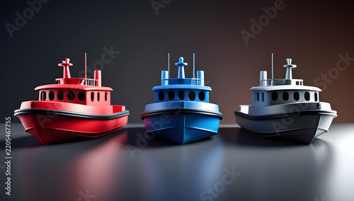 Colorful Plastic Toy Tugboat Trio Rounded Hulls with Stacks and Railings on Gradient Brown Backdrop