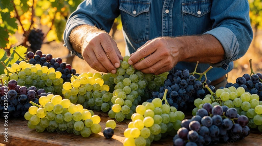Obraz premium Farmer hands sorting fresh green, purple grapes on wooden table in vineyard. Harvest season agricultural work, winemaking preparation, organic produce, rural lifestyle, manual labor, seasonal crop