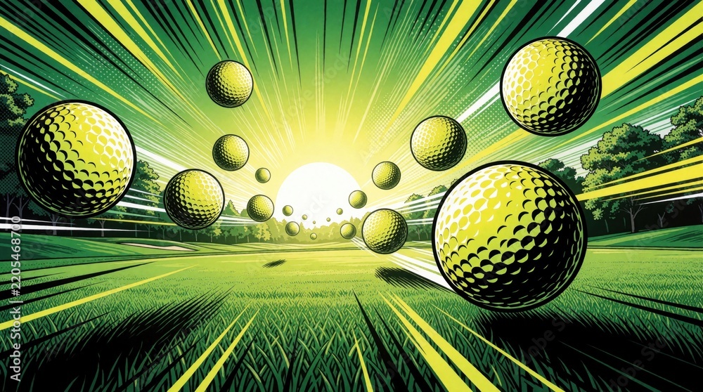 Obraz premium Comic book style golf background with vibrant yellow balls in motion over green grass. Dynamic speed lines, pop art graphics show energetic sport action. Creative cartoon design for outdoor game,