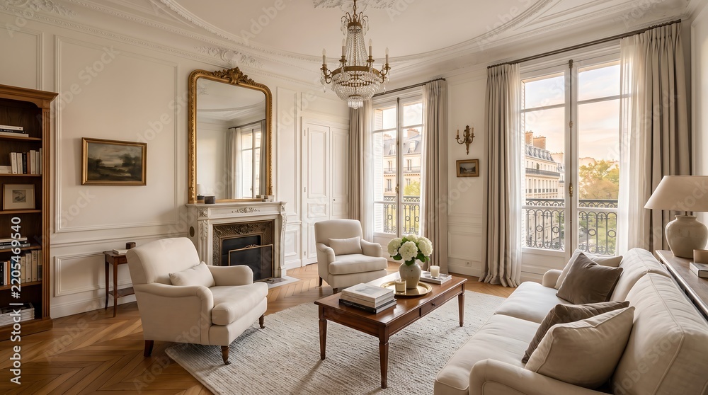Fototapeta premium Elegant Parisian living room interior featuring Haussmann architecture with high ceilings, ornate crown moldings, marble fireplace, gold framed mirror, and tall French windows.