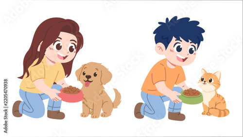 Illustration of cute boy and girl feeding a dog and cat
