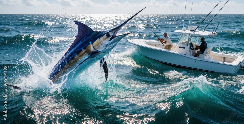 Obraz premium Fisherman battles massive blue marlin on motorboat in deep ocean. Huge sailfish jumps out of water with big splash. Man holds fishing rod fighting powerful sea animal. Extreme sport fishing action