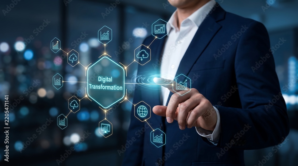 Obraz premium Professional businessman interacting with digital transformation data interface in dark office