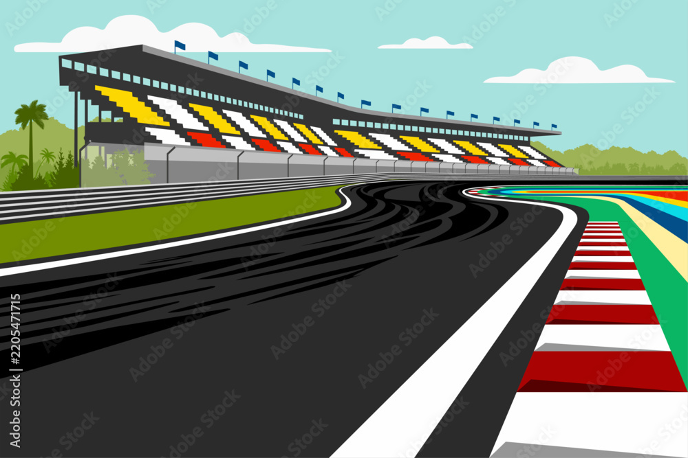 Obraz premium Racing track corner with empty grandstands illustrated in vectors